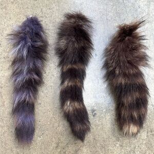 Set of 3 raccoon tails w keychain attachments, multicolored